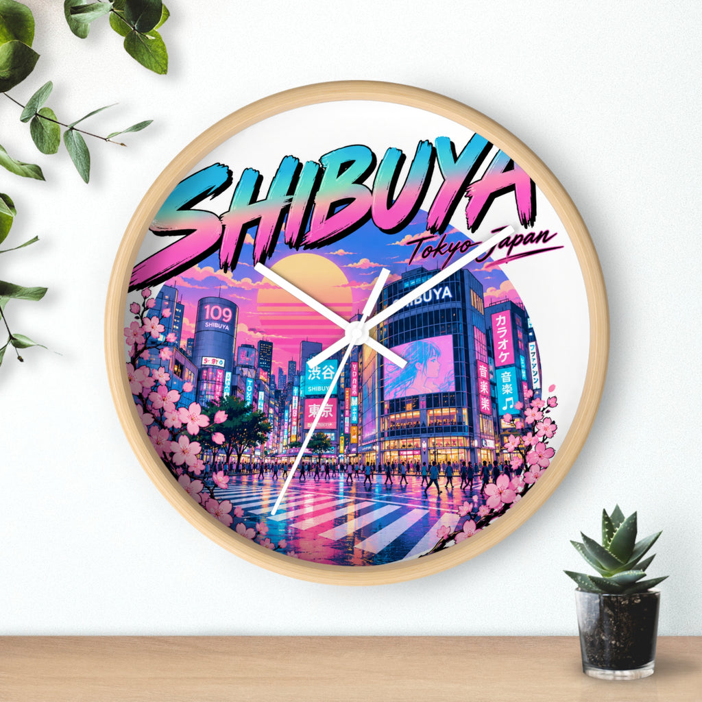Shibuya Sky 0 City Pop Neon Anime Wall Clock — Retro Tokyo Sunset Design