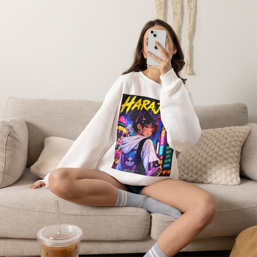 Harajuku Style 3 Neon City Anime Girl Crewneck Sweatshirt — Tokyo Street Anime Graphic
