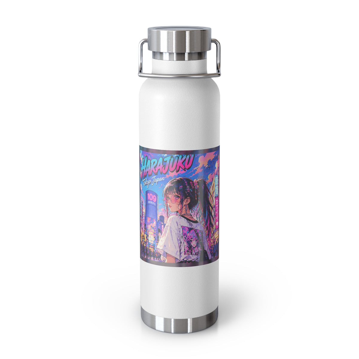 Harajuku Style 3 Neon City Anime Girl Water Bottle — 22oz Copper Vacuum Insulated