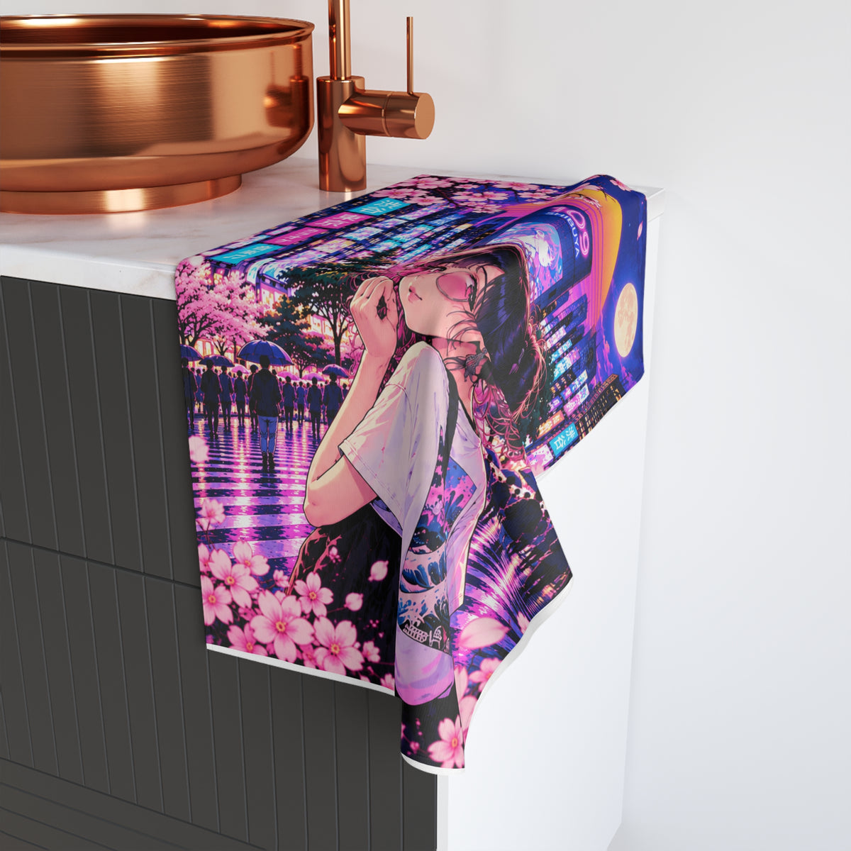 Shibuya Sky 5 City Pop Neon Sunset Hand Towel — Retro Sakura Tokyo Design