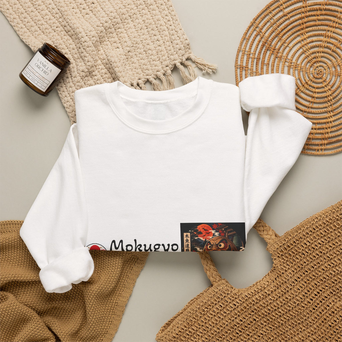 Mokugyo Daruma Yokai Halloween Illustration Crewneck Sweatshirt | Japanese Buddhist Motif