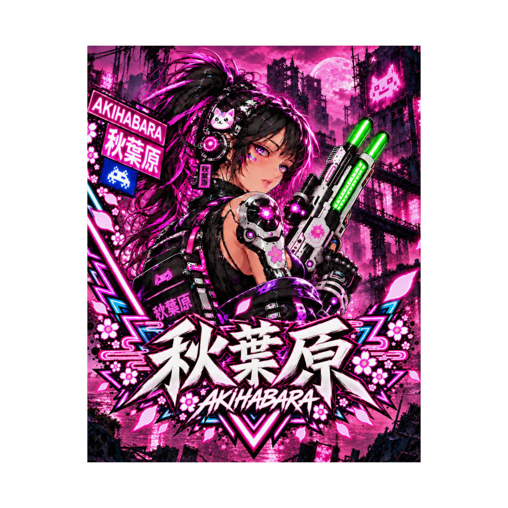 Akihabara Cyberpunk Anime Poster — Neon Pink Matte Vertical Print