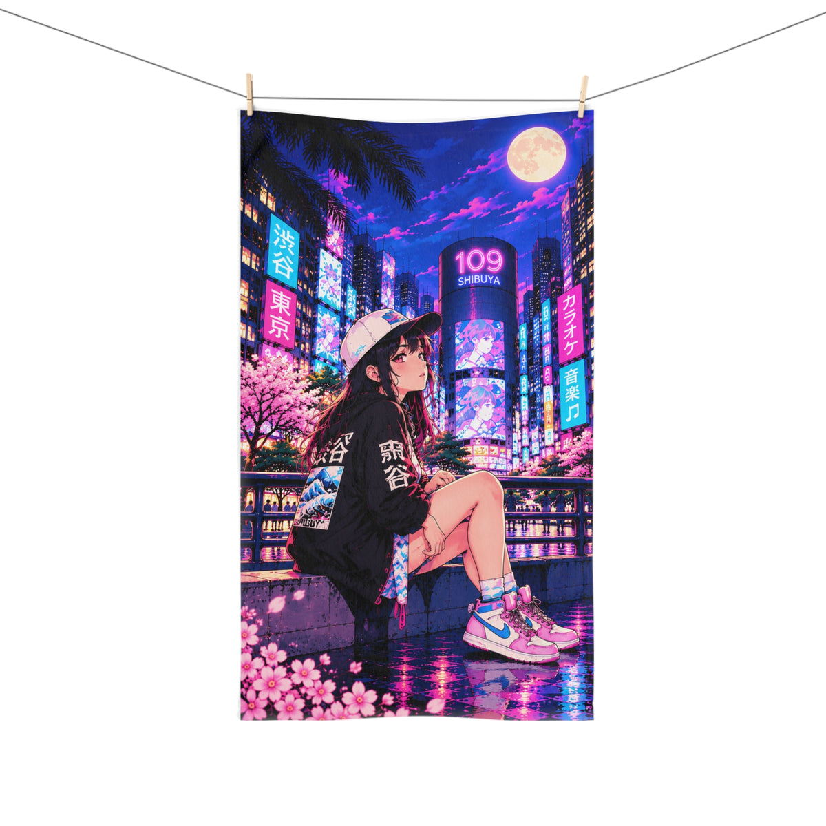 Shibuya Sky 6 City Pop Neon Sunset Hand Towel — Retro Sakura Tokyo Design