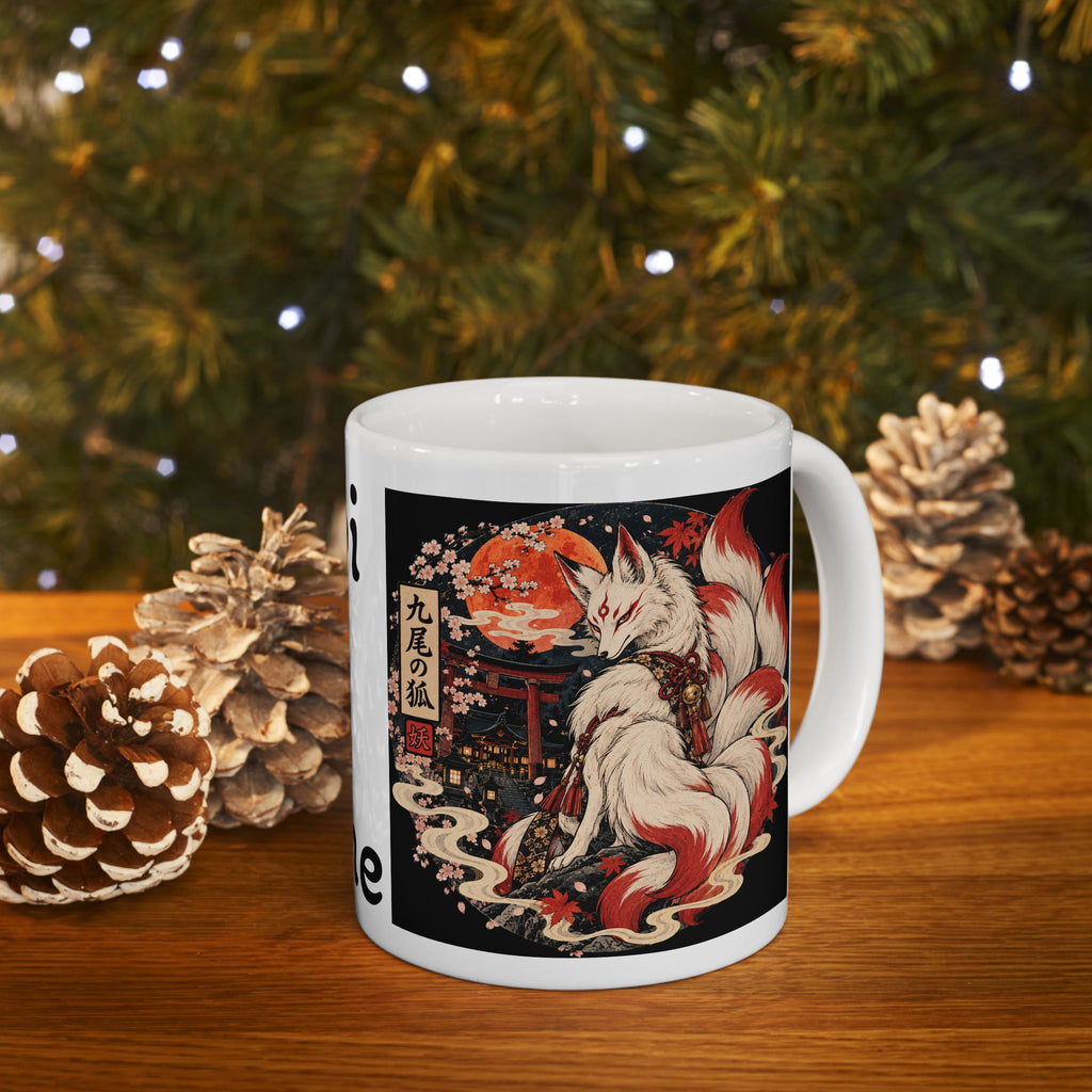 Nine-Tailed Kitsune Yokai Halloween Illustration Mug | Japanese Fox Spirit Ceramic Mug