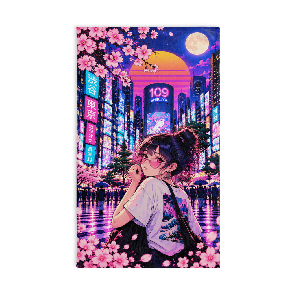 Shibuya Sky 5 City Pop Neon Sunset Hand Towel — Retro Sakura Tokyo Design