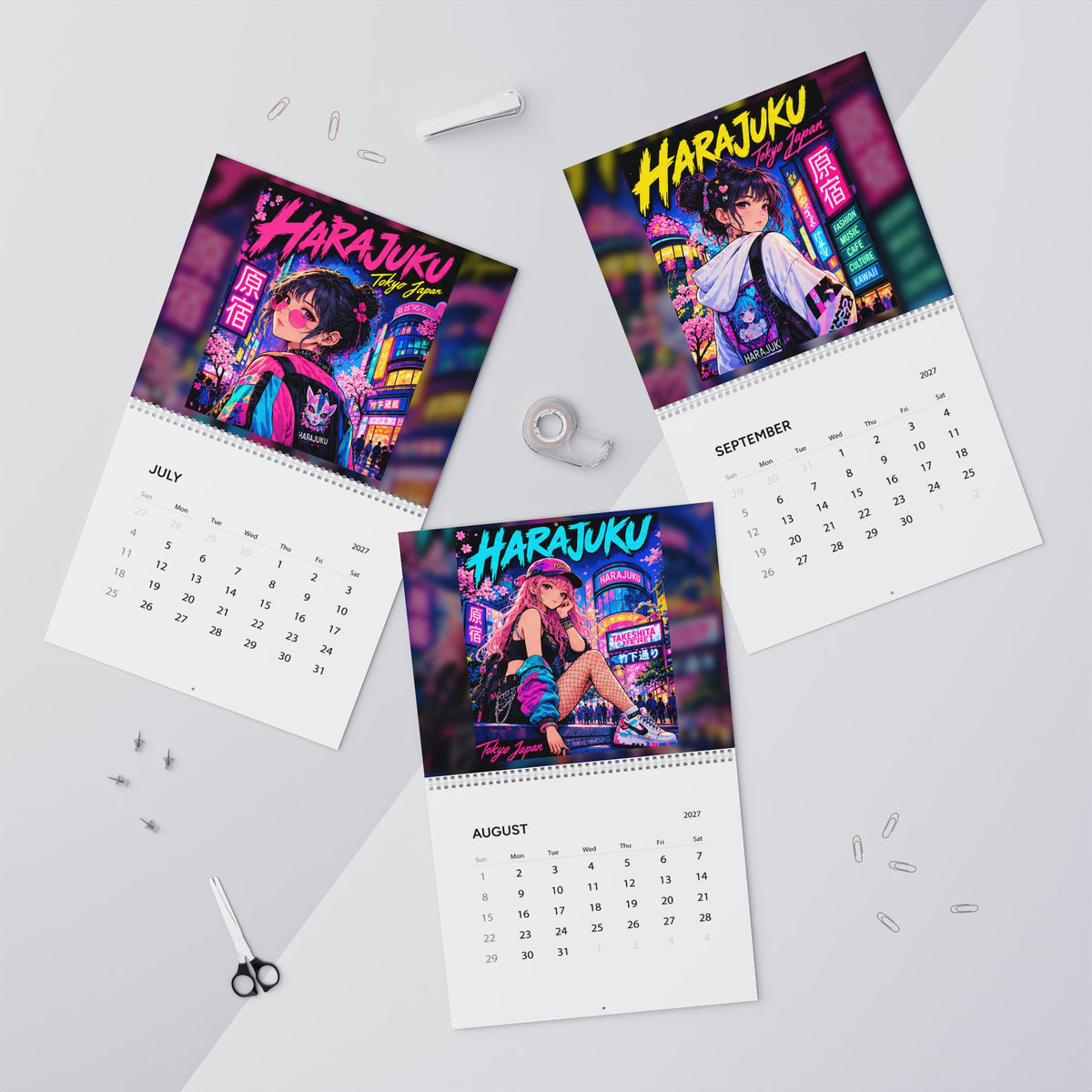 Harajuku Style Anime Girl Wall Calendar 2027 – Neon Kawaii City Scenes