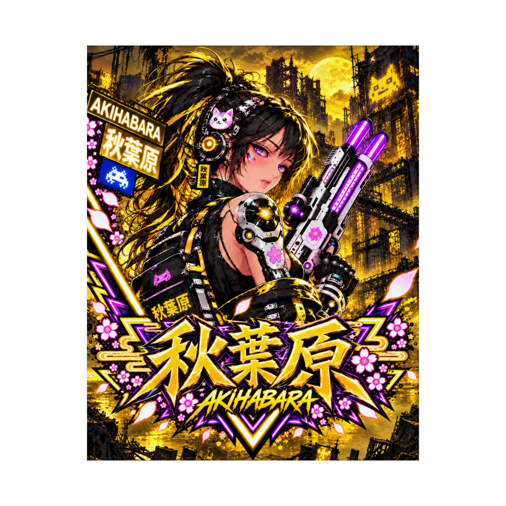 Akihabara Cyberpunk Anime Poster — Neon Yellow Matte Vertical Print