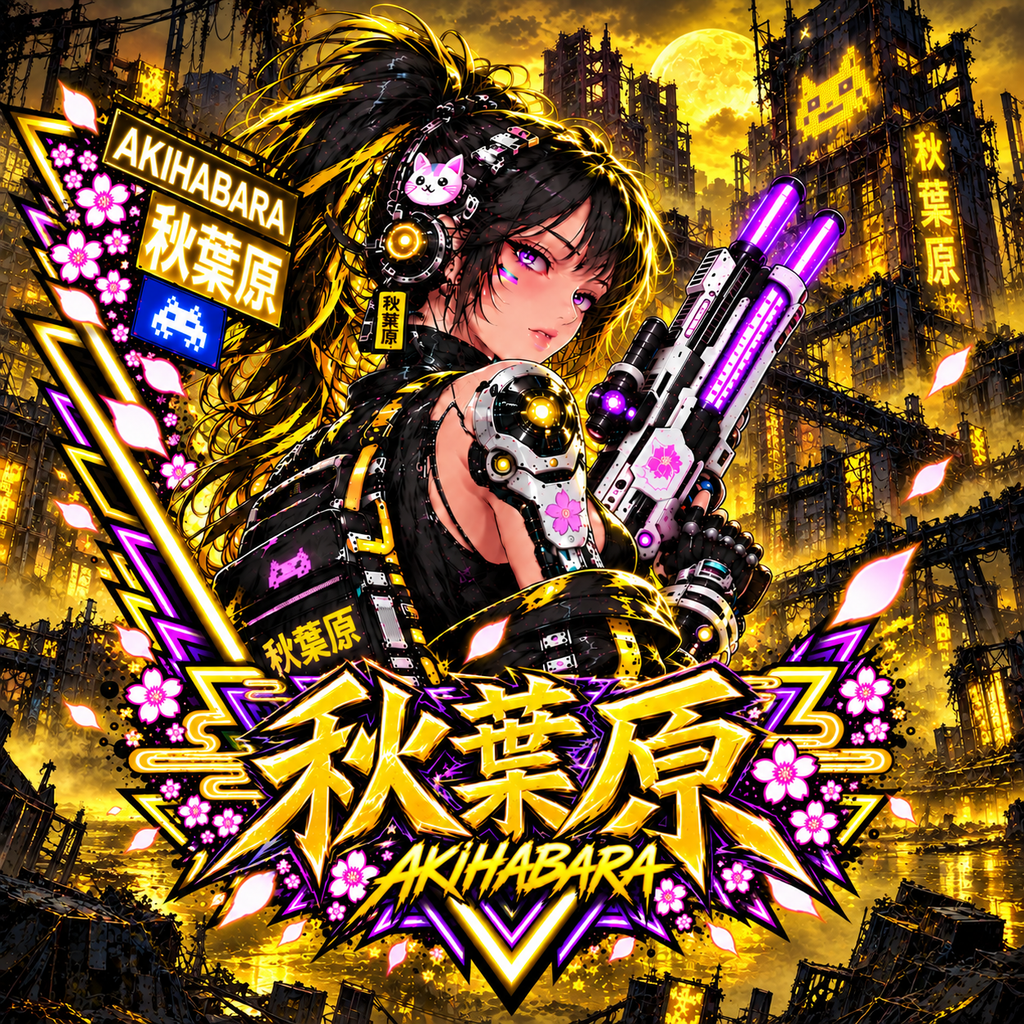 Anime Cyberpunk T‑Shirt —Yellow Akihabara Neon Girl Graphic