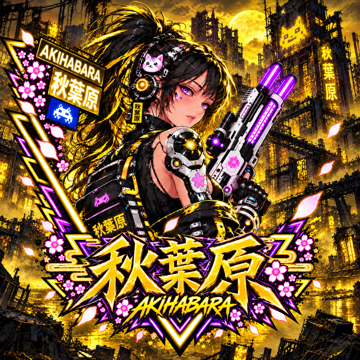 Anime Cyberpunk T‑Shirt —Yellow Akihabara Neon Girl Graphic