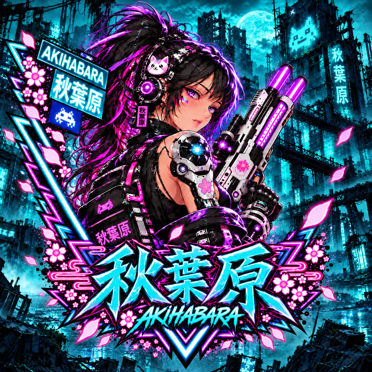 Akihabara Ciberpunk Sniper Girl Anime  T‑Shirt —Teal Akihabara Neon City Graphic