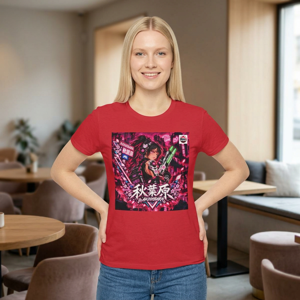 Copy of Akihabara Cyberpunk Sniper Girl T‑Shirt —Red Akihabara Neon City Graphic