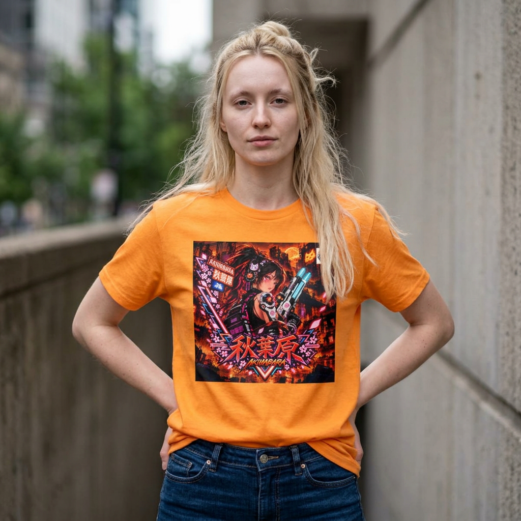 Akihabara Cyberpunk Sniper Girl T‑Shirt —Orange Akihabara Neon City Graphic