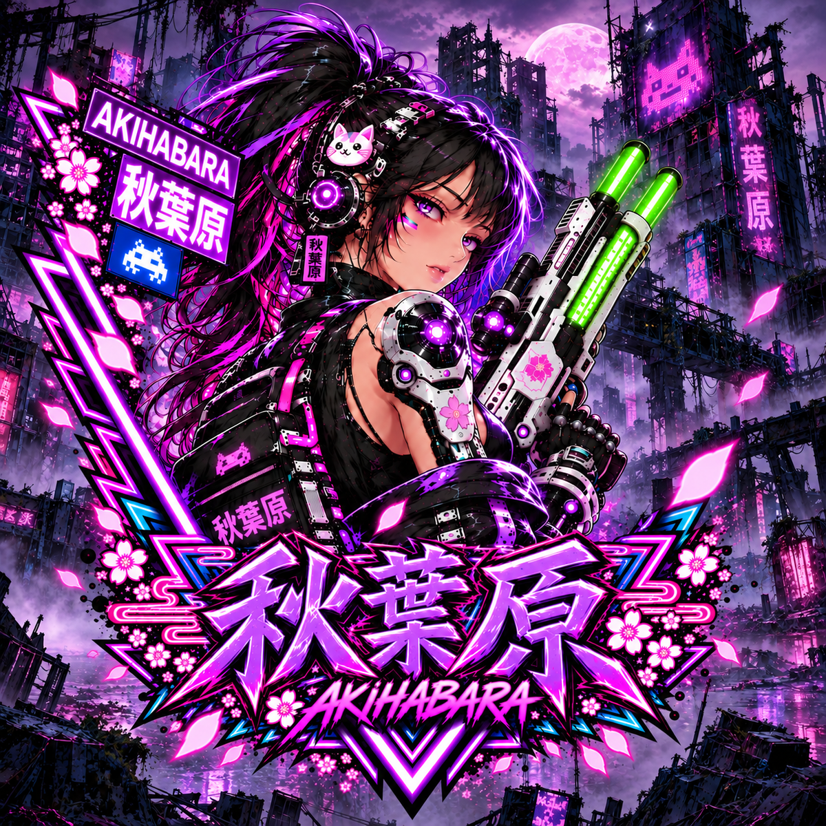 Akihabara Cyberpunk Sniper Girl T‑Shirt —Purple Akihabara Neon City Graphic