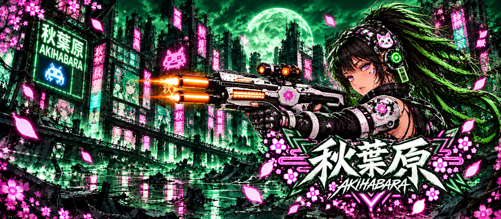 Akihabara Cyborg Sniper T‑Shirt —Green Akihabara Neon City Graphic