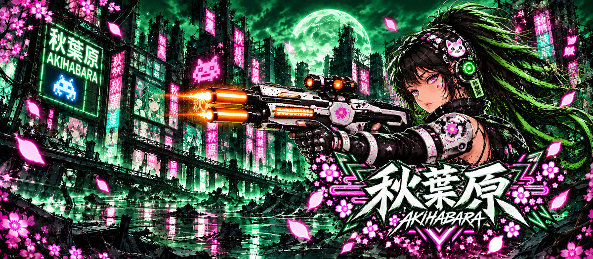 Akihabara Cyborg Sniper T‑Shirt —Green Akihabara Neon City Graphic