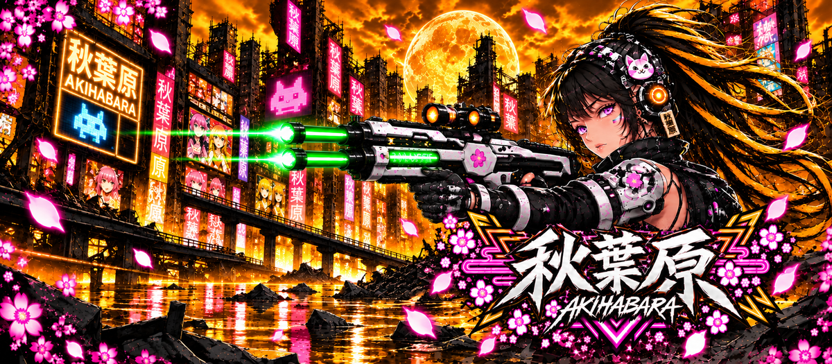 Akihabara Cyborg Sniper T‑Shirt —Orange Akihabara Neon City Graphic