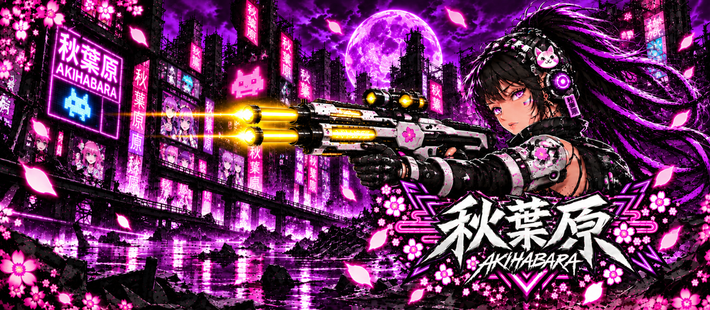 Akihabara Cyborg Sniper T‑Shirt —Purple Akihabara Neon City Graphic