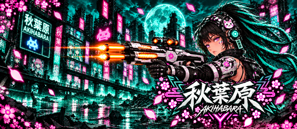 Akihabara Cyborg Sniper T‑Shirt —Teal Akihabara Neon City Graphic