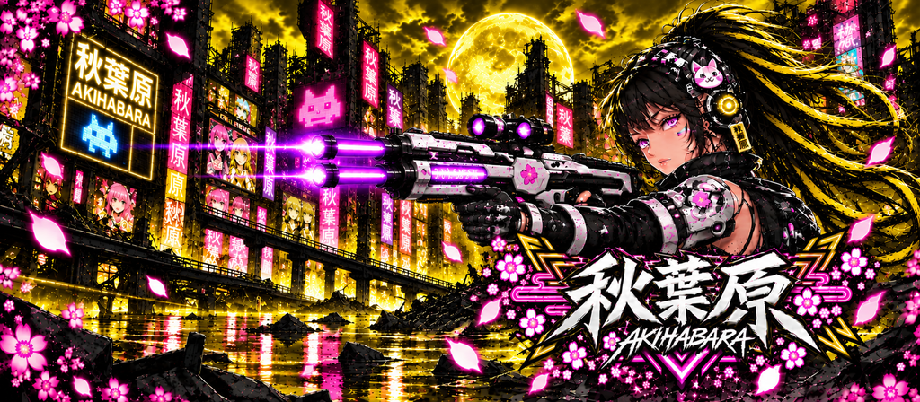 Akihabara Cyborg Sniper T‑Shirt —Yellow Akihabara Neon City Graphic