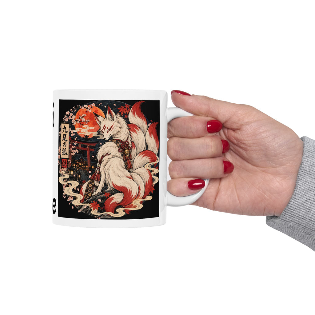 Nine-Tailed Kitsune Yokai Halloween Illustration Mug | Japanese Fox Spirit Ceramic Mug