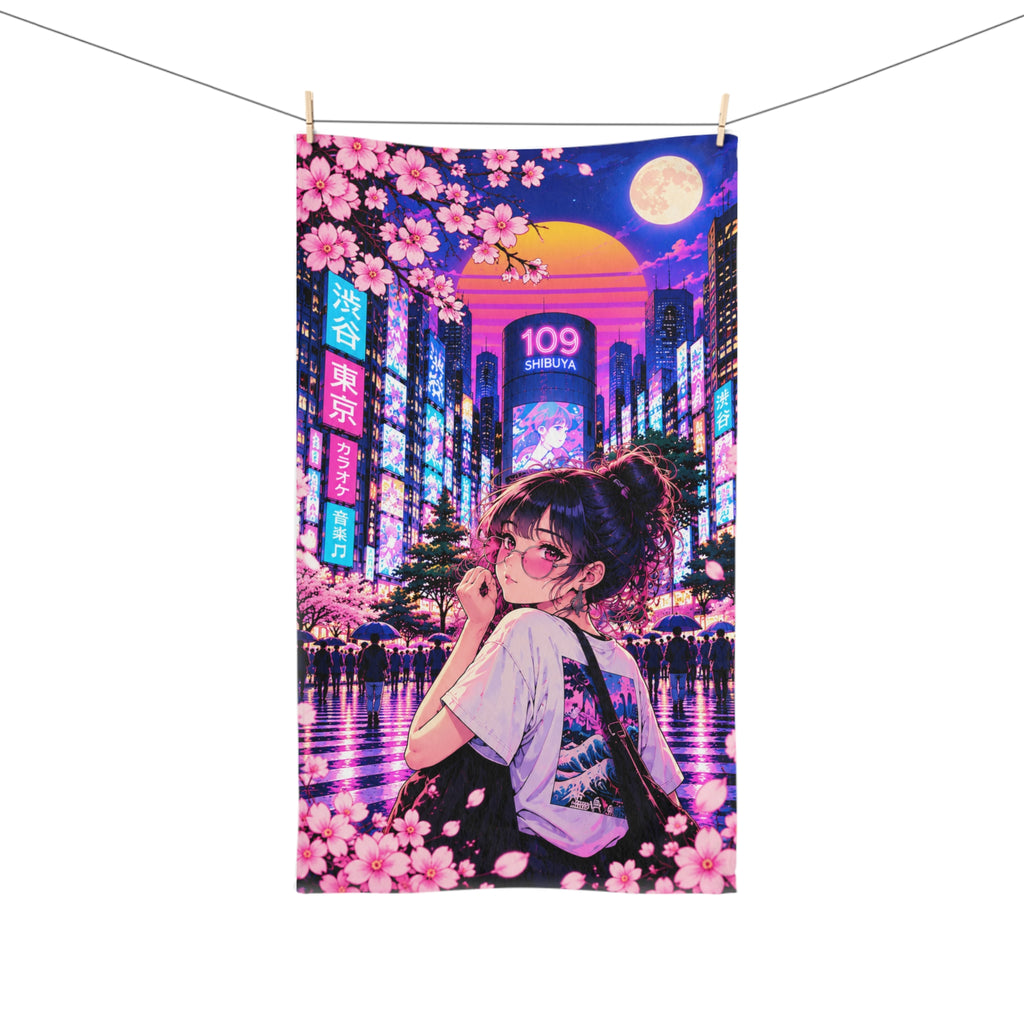 Shibuya Sky 5 City Pop Neon Sunset Hand Towel — Retro Sakura Tokyo Design