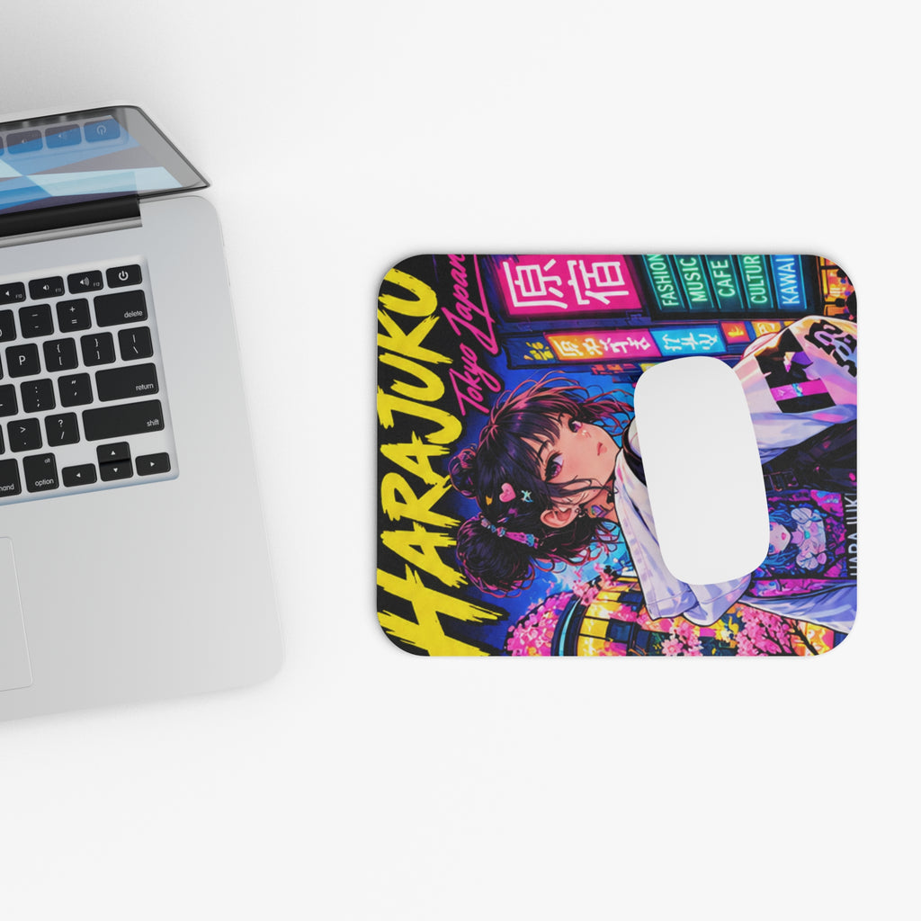 Harajuku Style 3 Neon City Anime Girl Mouse Pad — Retro Tokyo Anime Desk Mat
