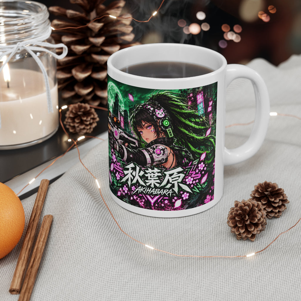Akihabara Green Neon City Sniper Girl Mug 11oz Coffee Cup