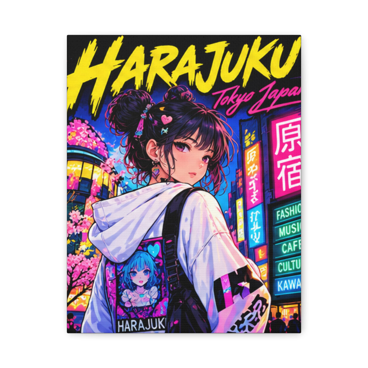 Harajuku Style 3 Neon City Tokyo Anime Girl Matte Canvas Wall Art