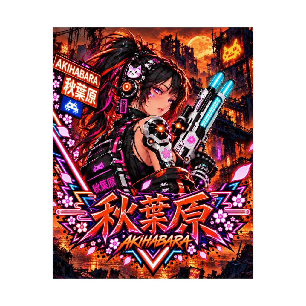 Akihabara Cyberpunk Anime Poster — Neon Orange Matte Vertical Print