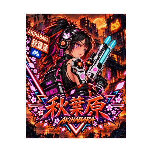 Akihabara Cyberpunk Anime Poster — Neon Orange Matte Vertical Print