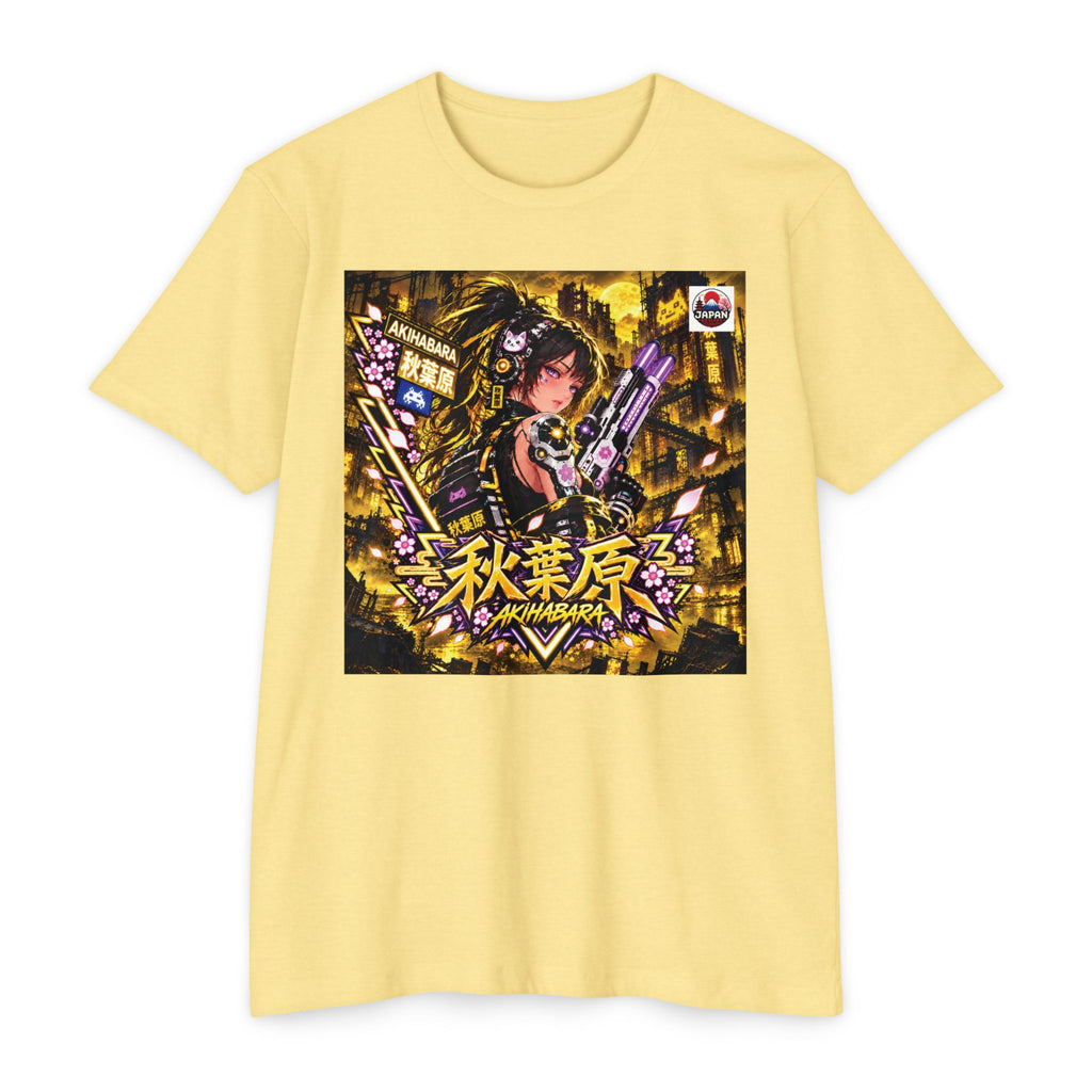 Anime Cyberpunk T‑Shirt —Yellow Akihabara Neon Girl Graphic