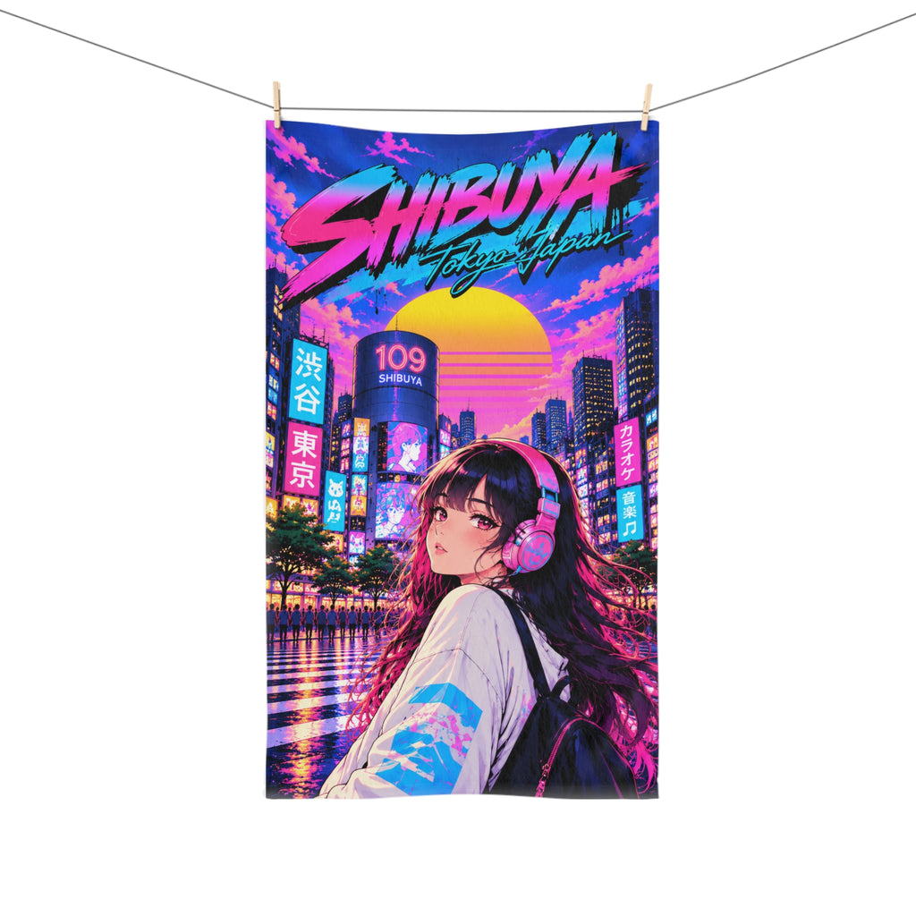 Shibuya Sky 1 City Pop Neon Sunset Hand Towel — Retro Sakura Tokyo Design