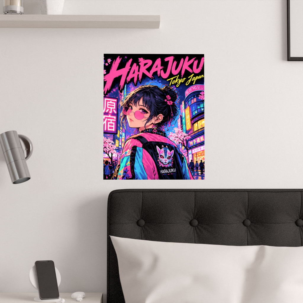 Harajuku Style 1 Neon City Anime Girl Satin Poster — Tokyo Japan Anime Wall Art