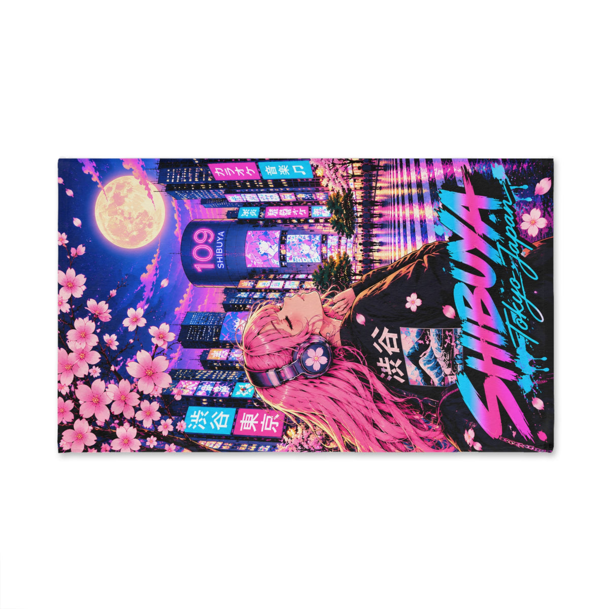 Shibuya Sky 2 City Pop Neon Sunset Hand Towel — Retro Sakura Tokyo Design