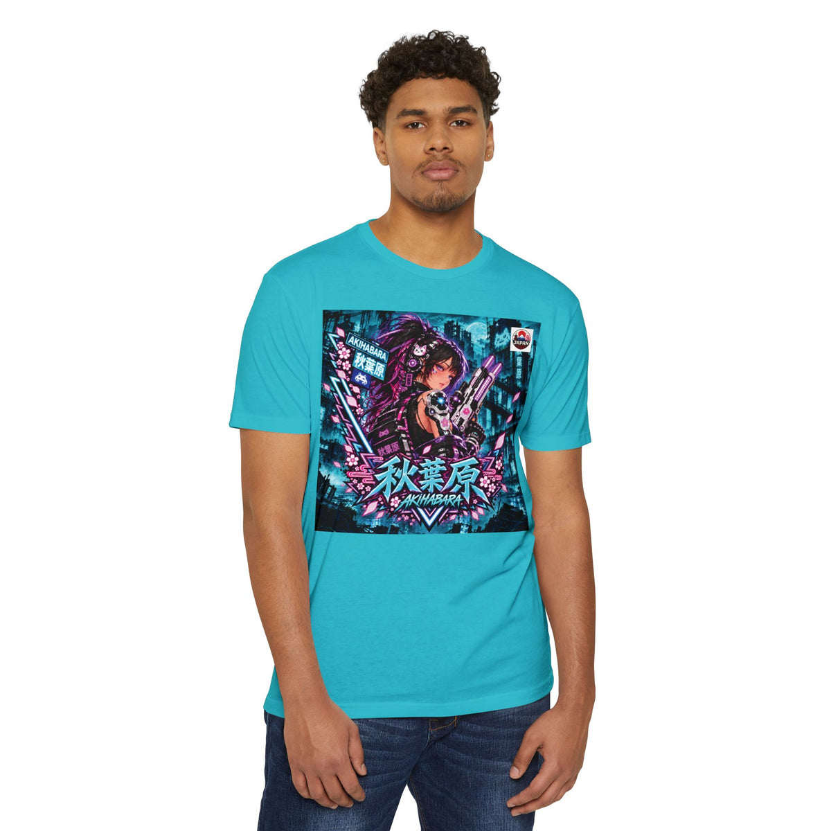 Akihabara Ciberpunk Sniper Girl Anime  T‑Shirt —Teal Akihabara Neon City Graphic