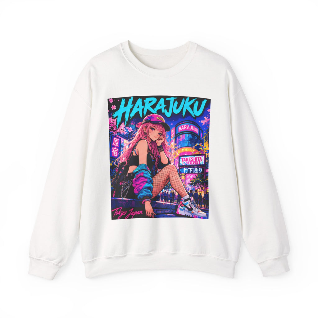 Harajuku Style 2 Neon City Anime Girl Crewneck Sweatshirt — Tokyo Street Anime Graphic