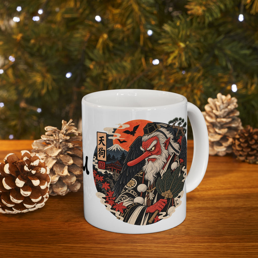 Tengu Mask Halloween inspired Illustration Mug | Japanese Folklore, Maple Leaves, Vintage Crest