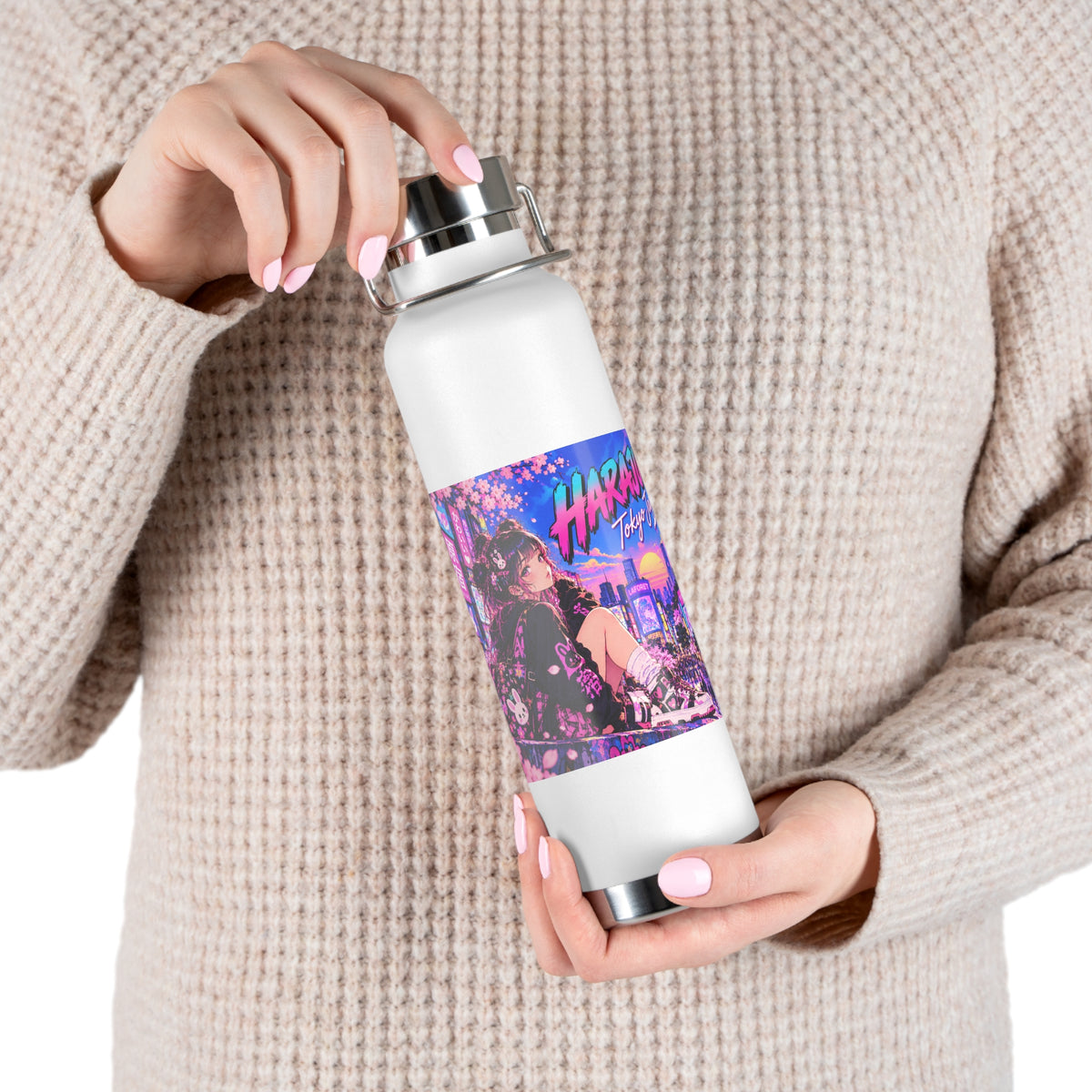 Harajuku Style 13 Neon City Anime Girl Water Bottle — 22oz Copper Vacuum Insulated