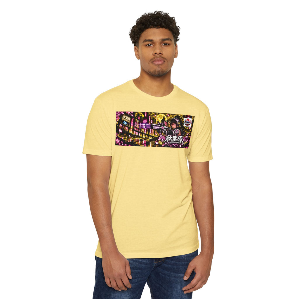 Akihabara Cyborg Sniper T‑Shirt —Yellow Akihabara Neon City Graphic