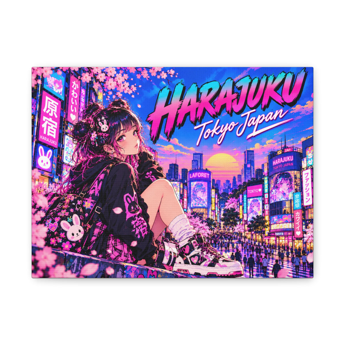 Harajuku Style 13 Neon City Tokyo Anime Girl Matte Canvas Wall Art