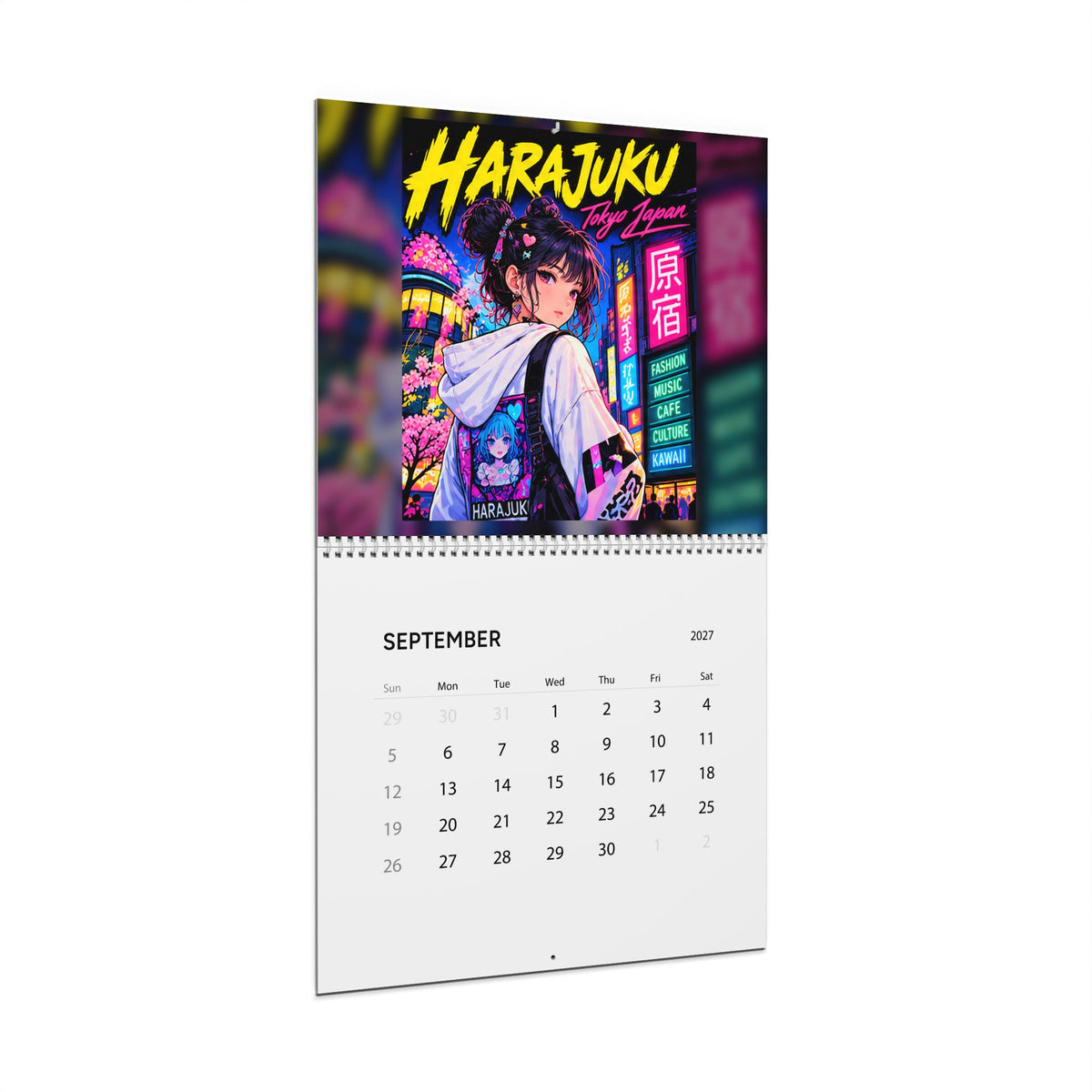 Harajuku Style Anime Girl Wall Calendar 2027 – Neon Kawaii City Scenes