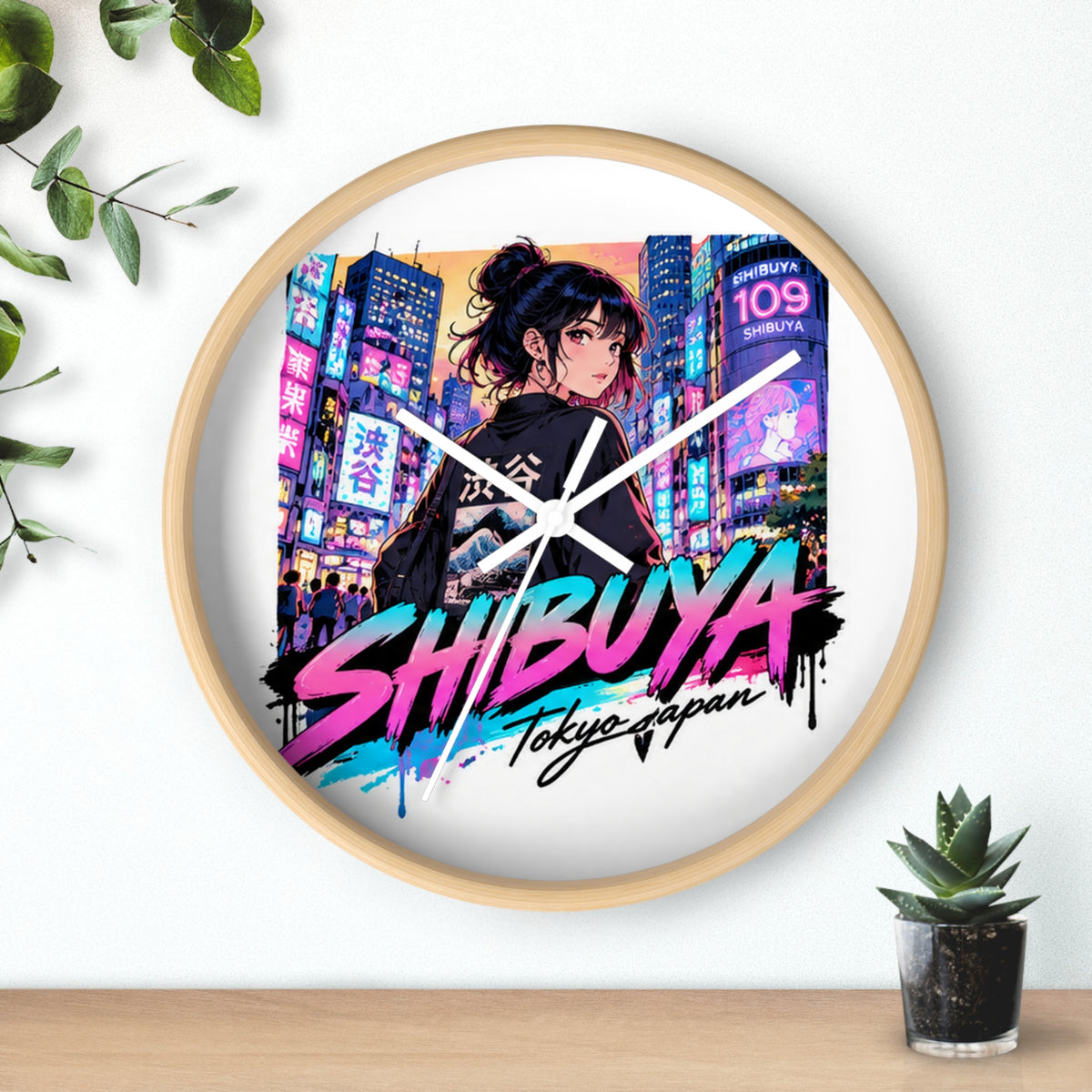 Shibuya Sky 5 City Pop Neon Anime Wall Clock — Retro Tokyo Sunset Design