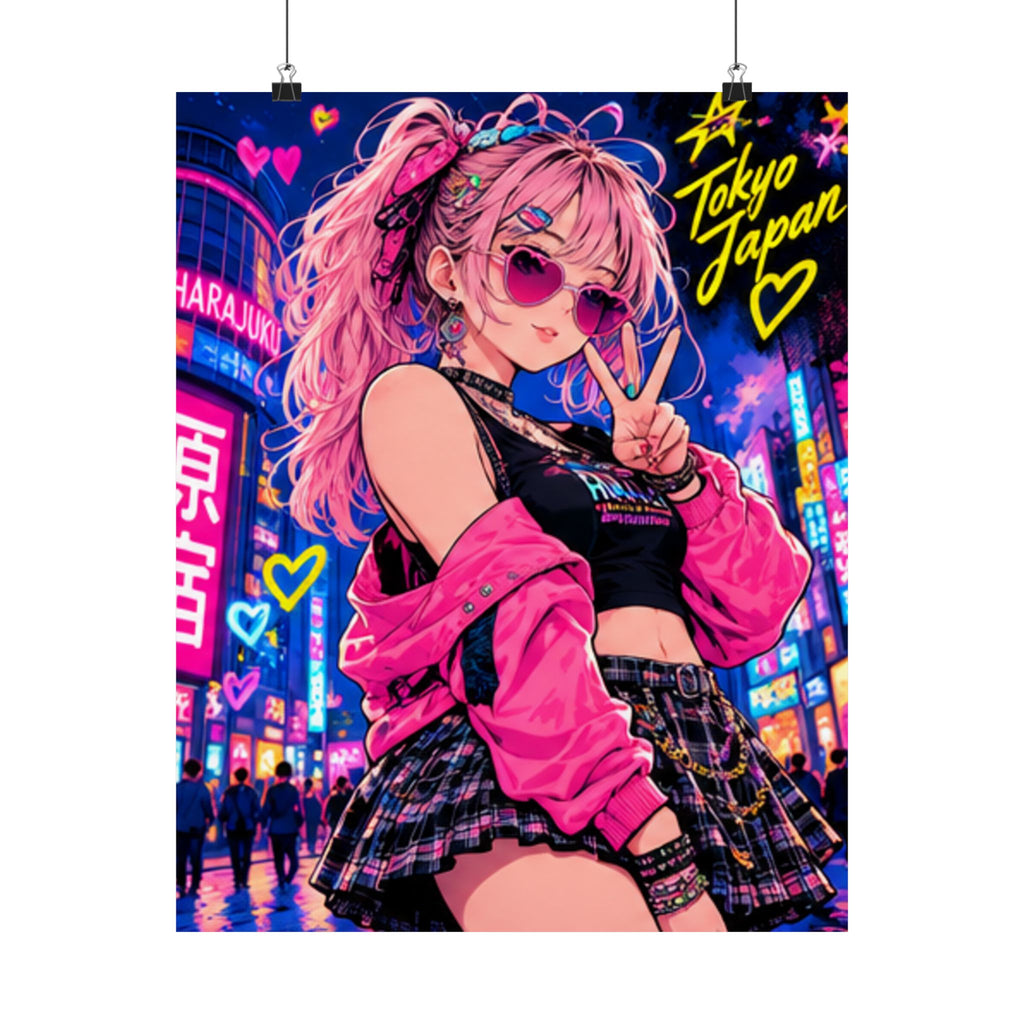Harajuku Style 6 Neon City Anime Girl Satin Poster — Tokyo Japan Anime Wall Art