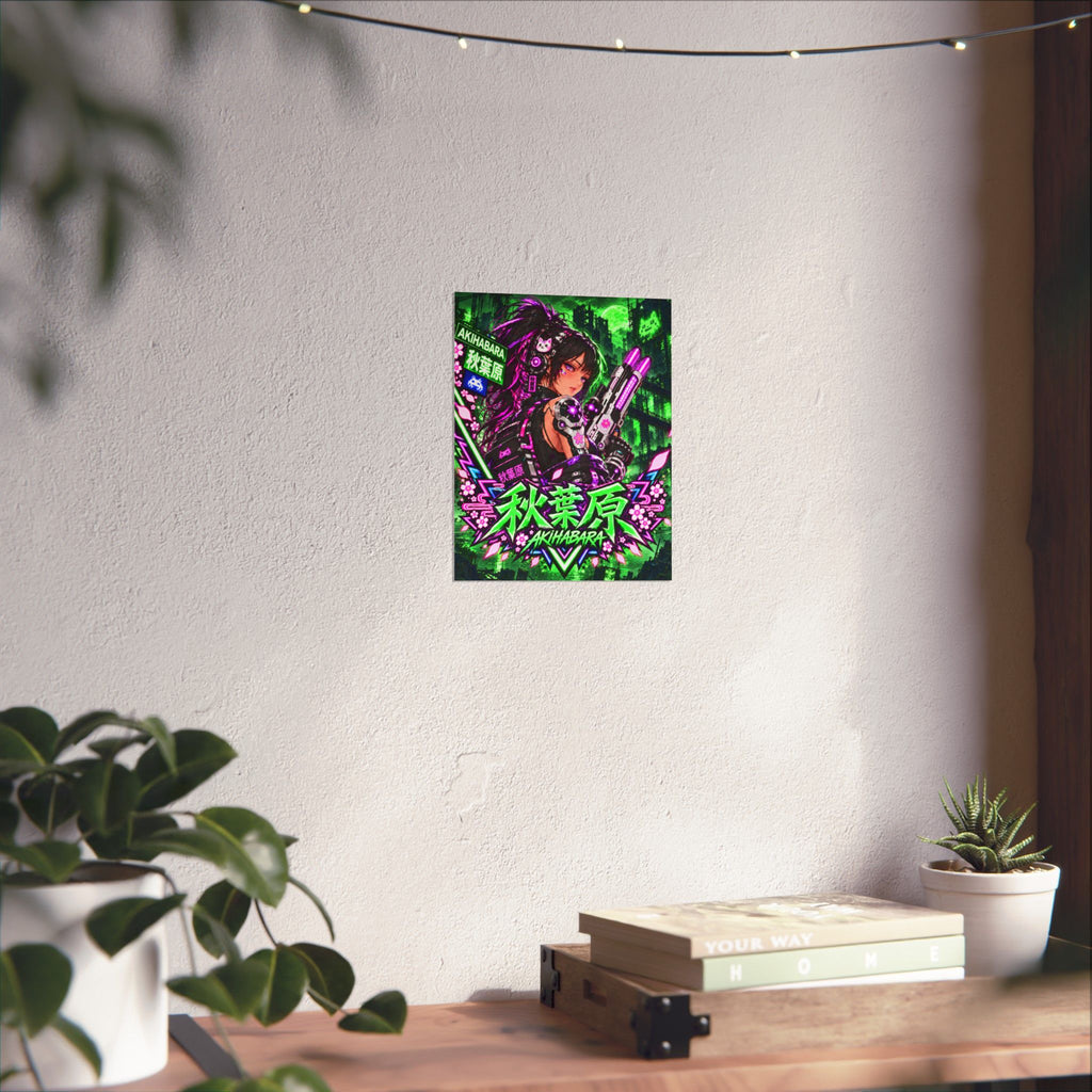 Akihabara Cyberpunk Anime Poster — Neon Green & Pink Matte Vertical Print