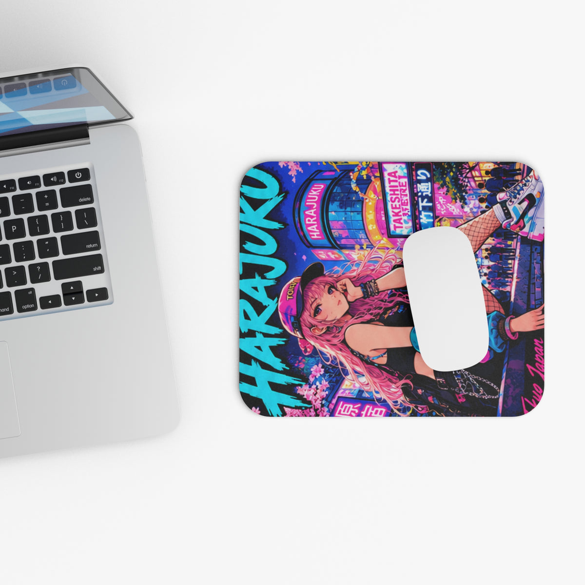 Harajuku Style 2 Neon City Anime Girl Mouse Pad — Retro Tokyo Anime Desk Mat