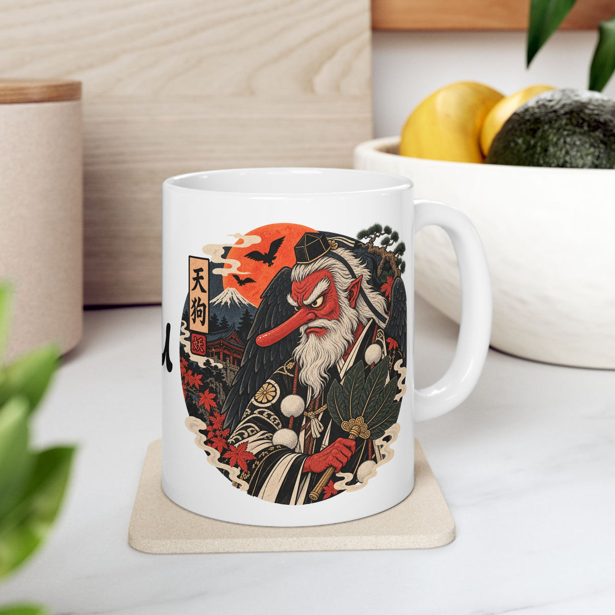 Tengu Mask Halloween inspired Illustration Mug | Japanese Folklore, Maple Leaves, Vintage Crest