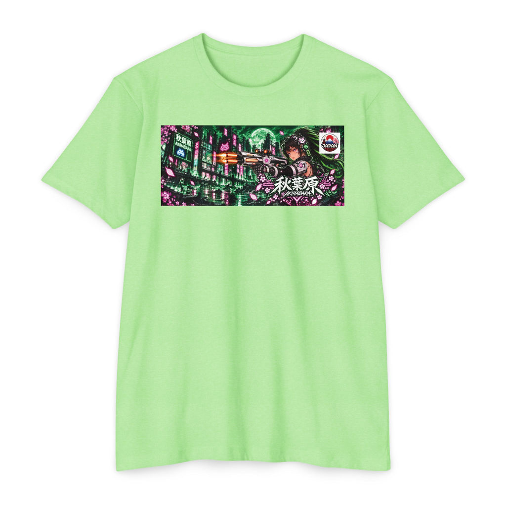 Akihabara Cyborg Sniper T‑Shirt —Green Akihabara Neon City Graphic