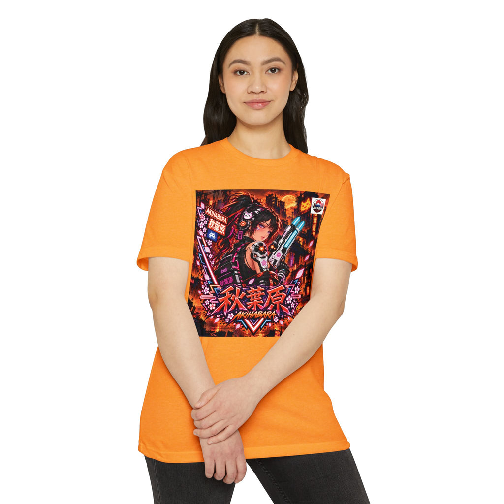Akihabara Cyberpunk Sniper Girl T‑Shirt —Orange Akihabara Neon City Graphic