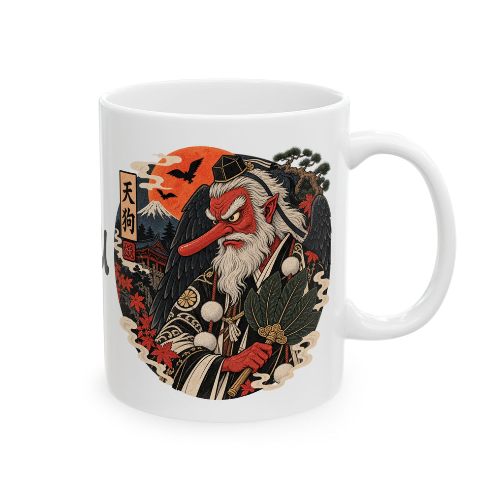 Tengu Mask Halloween inspired Illustration Mug | Japanese Folklore, Maple Leaves, Vintage Crest