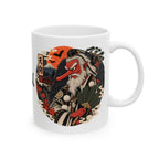 Tengu Mask Halloween inspired Illustration Mug | Japanese Folklore, Maple Leaves, Vintage Crest